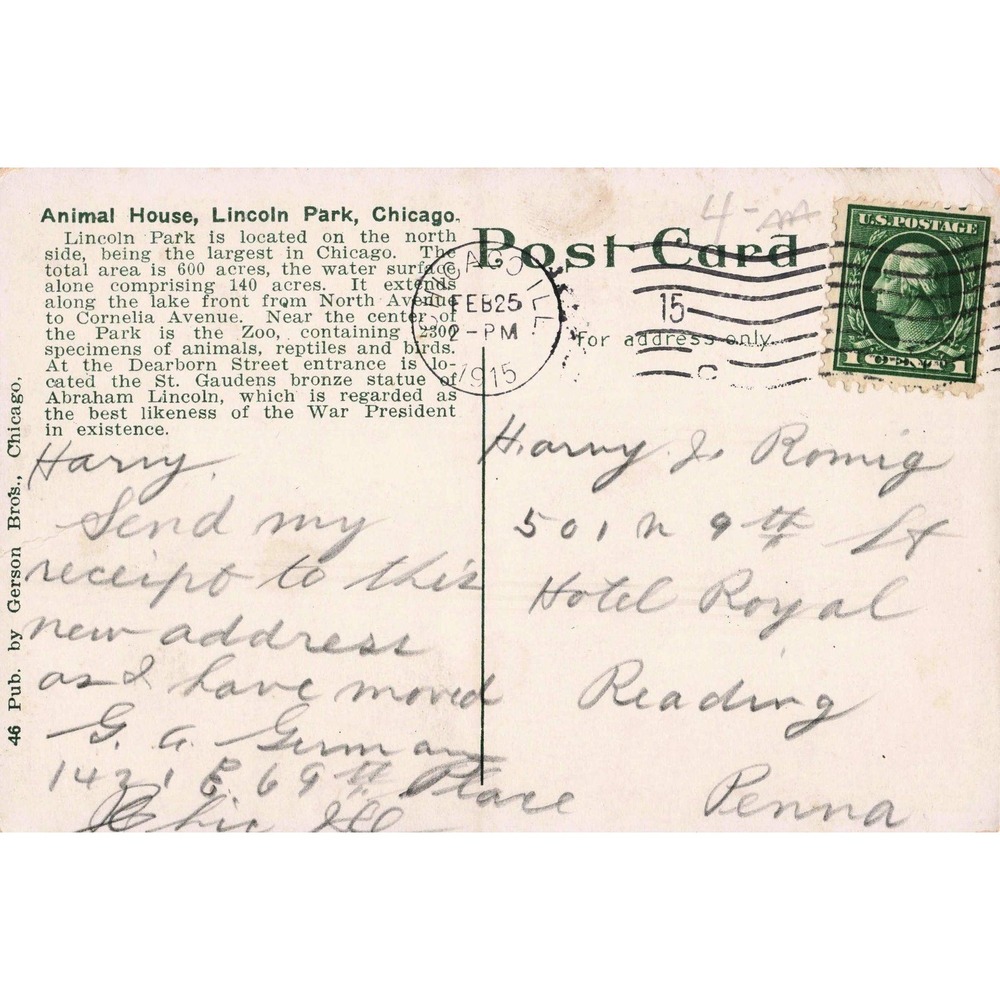 Vintage 1915 Animal House Lincoln Park Chicago Postcard Gerson Bros VG - Picture 2 of 2